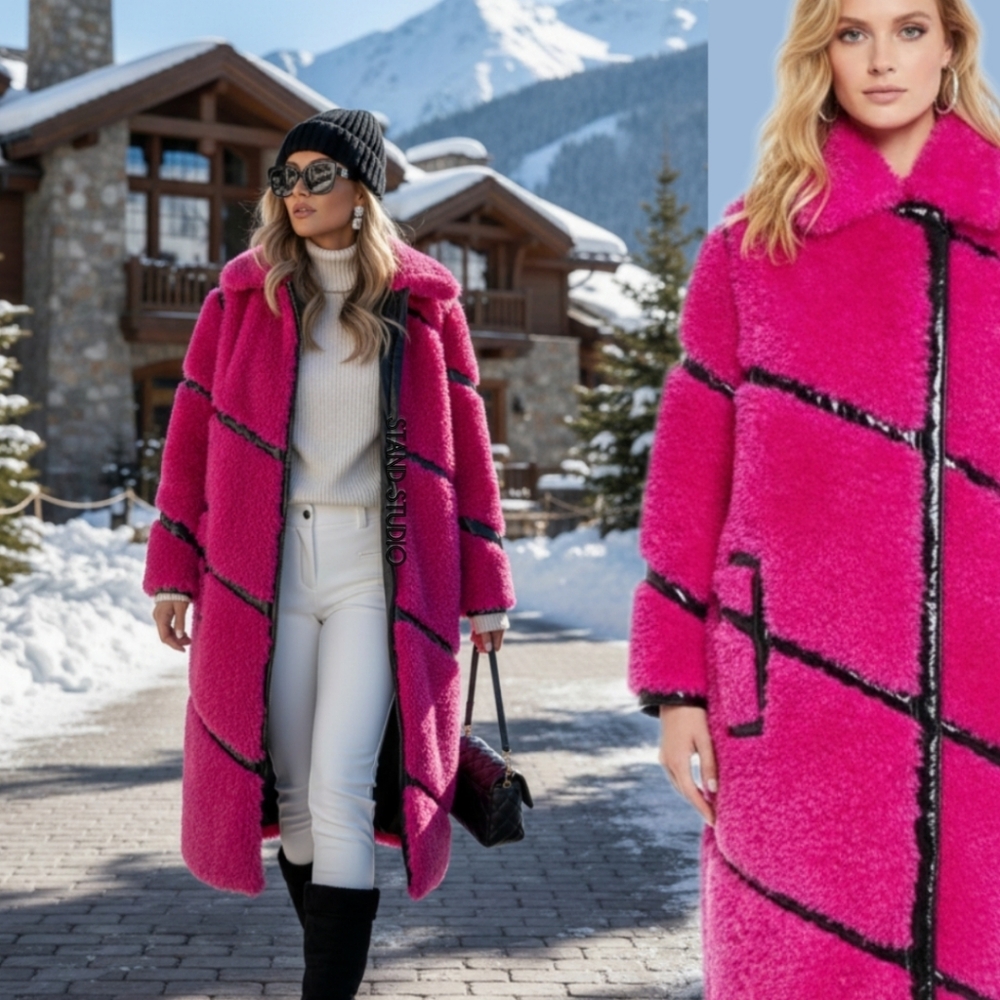 Stand Studio Fucshia Coat women pink faux fur shearling Long Jacket